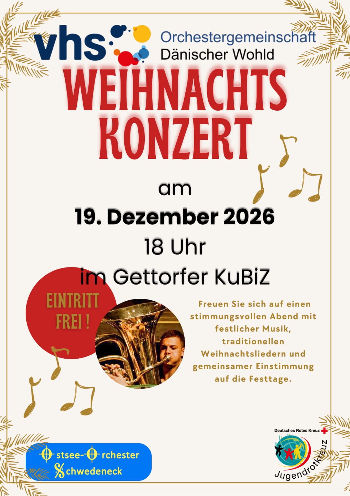 Das Konzert Plakat für die Wohld-Orchester Abschlußkonzerte am 19. und 20. Dezember 2025 in Gettorf und Surendorf
